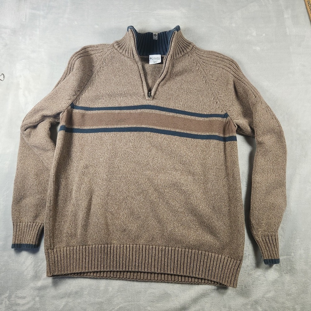 Columbia 1/4 Zip Mock Neck Knit Sweater Size Medium Striped Heavyweight VTG